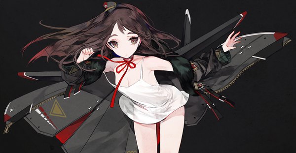 Anime picture 1215x630 with original mo (mocopo) single long hair looking at viewer breasts light erotic brown hair wide image brown eyes cleavage wind off shoulder armpit (armpits) outstretched arm black background girl ribbon (ribbons) hat mini hat