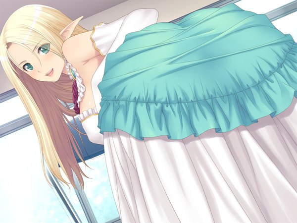 Anime picture 1024x768 with fault!! date wingfield reiko tony taka long hair blush open mouth light erotic blonde hair green eyes game cg pointy ears elf girl dress gloves elbow gloves