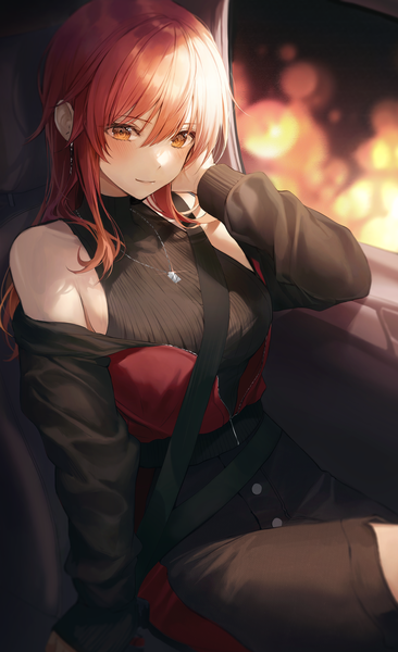 Anime picture 2728x4475 with original 2sham single long hair tall image looking at viewer blush fringe highres hair between eyes sitting bare shoulders yellow eyes red hair long sleeves parted lips light smile off shoulder arm support sparkle