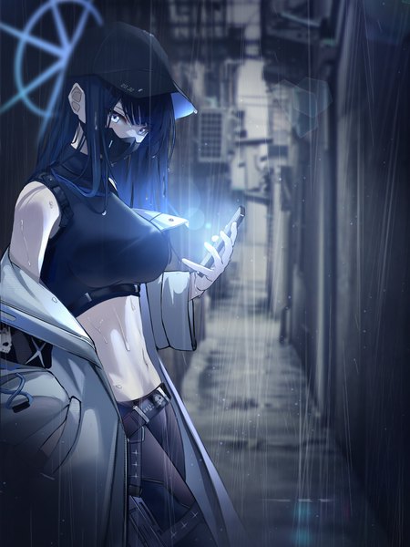 Anime picture 3000x4000 with blue archive saori (blue archive) runa (user guwn7382) single long hair tall image looking at viewer fringe highres breasts blue eyes standing holding blue hair outdoors blurry off shoulder wide sleeves open jacket wet
