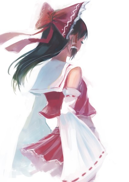 Anime picture 2480x3507 with touhou hakurei reimu sola7764 single long hair tall image highres black hair simple background white background eyes closed wind from behind girl bow hair bow detached sleeves
