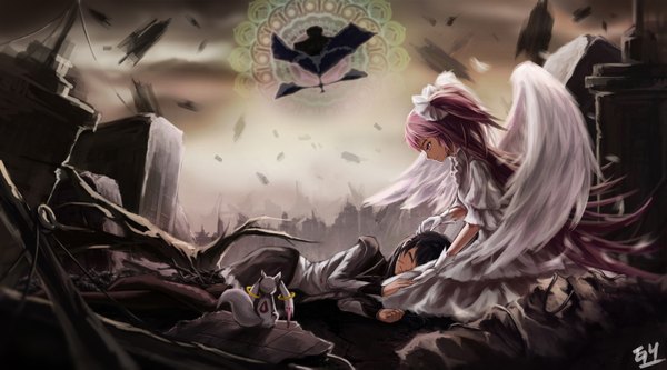 Anime picture 1576x875 with mahou shoujo madoka magica shaft (studio) akemi homura kaname madoka goddess madoka kyuubee walpurgisnacht (madoka magica) gyicarus long hair black hair red eyes wide image multiple girls pink hair angel wings ruins girl dress 2 girls animal