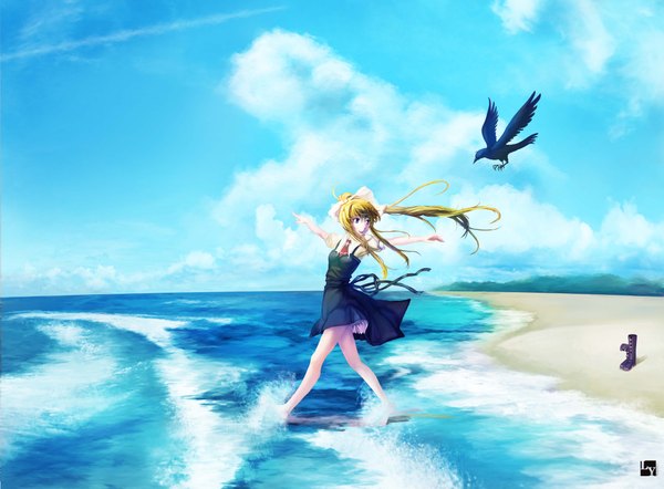 Anime picture 4691x3459 with air key (studio) kamio misuzu nanaya (daaijianglin) single long hair fringe highres breasts blue eyes blonde hair absurdres sky cloud (clouds) barefoot beach girl dress ribbon (ribbons) animal