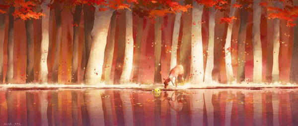Anime picture 4700x2000 with original lost elle highres wide image reflection no people eye contact plant (plants) animal tree (trees) water leaf (leaves) fish (fishes) forest autumn leaves deer