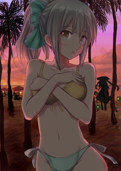 Anime picture 1240x1753 with kantai collection wo-class aircraft carrier yuubari light cruiser ichikawa feesu tall image looking at viewer blush fringe short hair open mouth light erotic standing bare shoulders multiple girls yellow eyes payot sky cloud (clouds) ponytail head tilt