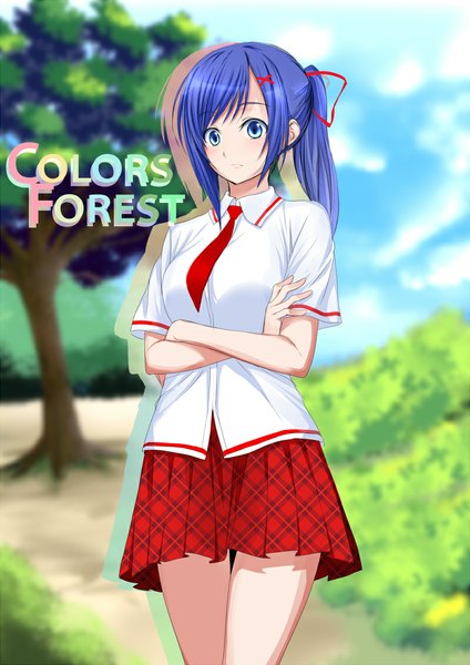 Anime picture 800x1131 with original uwanosora single long hair tall image looking at viewer blue eyes blue hair ponytail girl skirt hair ornament plant (plants) shirt tree (trees) necktie x hair ornament