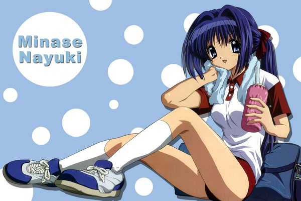 Anime picture 1600x1067 with kanon key (studio) minase nayuki long hair looking at viewer open mouth blue eyes blue hair inscription towel around neck girl uniform socks shoes knee socks school bag gym uniform towel bottle sneakers