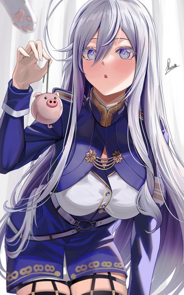 Anime picture 1250x2000 with 86 -eightysix- vladilena millize piukute062 single long hair tall image blush fringe breasts open mouth blue eyes hair between eyes large breasts signed payot looking away silver hair ahoge indoors :o