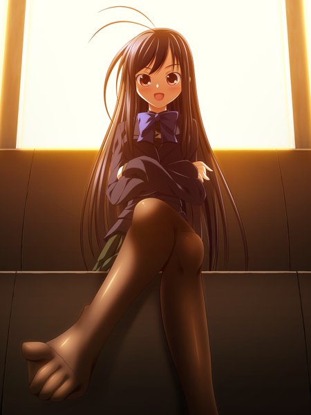 Anime picture 1200x1600 with accel world sunrise (studio) kuroyukihime long hair tall image blush open mouth black hair red eyes sitting no shoes legs crossed legs girl uniform school uniform pantyhose bowtie