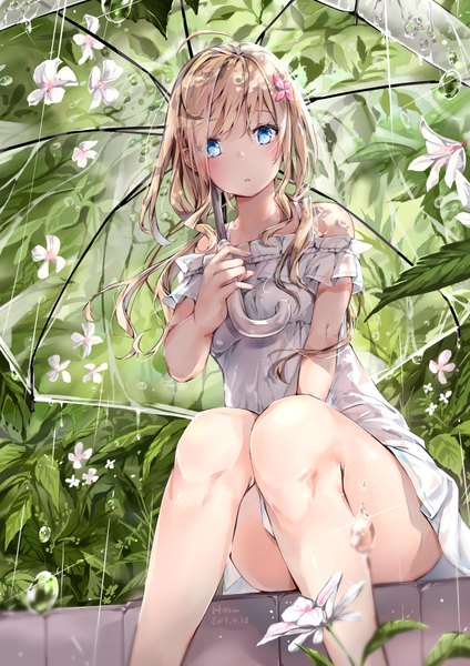 Anime picture 2480x3508 with original dema hmw single long hair tall image looking at viewer blush fringe highres open mouth blue eyes light erotic blonde hair hair between eyes sitting bare shoulders holding signed payot ahoge