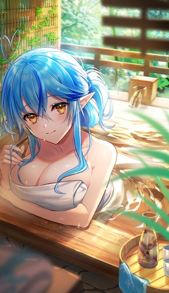 Anime picture 864x1500 with virtual youtuber hololive yukihana lamy dega1028 single long hair tall image looking at viewer fringe breasts light erotic smile hair between eyes large breasts bare shoulders yellow eyes payot blue hair cleavage ahoge