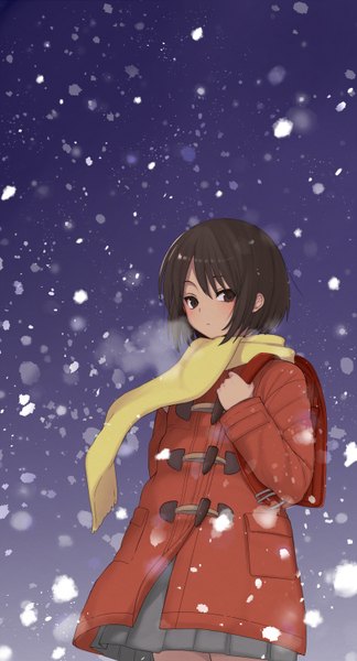 Anime picture 810x1500 with boku dake ga inai machi a-1 pictures hinazuki kayo kuroda (vertige) single tall image blush fringe short hair brown hair brown eyes looking away sky snowing winter exhalation girl scarf coat backpack