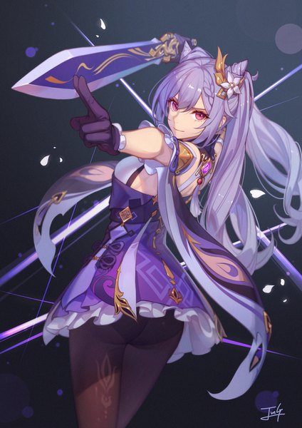 Anime picture 1060x1500 with genshin impact keqing (genshin impact) baek hyang single long hair tall image looking at viewer fringe breasts light erotic hair between eyes standing purple eyes twintails holding signed payot purple hair ass arms up