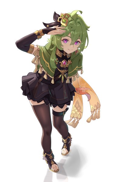 Anime picture 2894x4502 with genshin impact collei (genshin impact) cqc no hashi neko single long hair tall image fringe highres simple background smile hair between eyes white background purple eyes full body ahoge green hair from above salute girl thighhighs