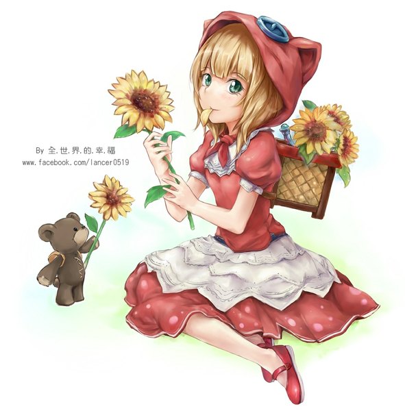 Anime picture 1137x1155 with league of legends annie (league of legends) tibbers (league of legends) lancer0519 single tall image looking at viewer blush short hair simple background blonde hair white background green eyes girl dress flower (flowers) hood toy stuffed animal teddy bear