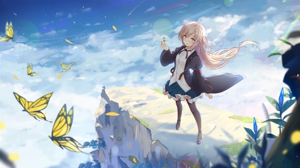 Anime picture 2559x1440 with original guanghe zuoyong de de yezi single long hair looking at viewer blush highres blonde hair wide image standing sky cloud (clouds) full body outdoors pink eyes from above wind wide sleeves :o shadow