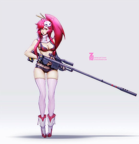 Anime picture 800x827 with tengen toppa gurren lagann gainax yoko littner paul (shiramune) single long hair tall image looking at viewer fringe breasts light erotic simple background standing yellow eyes pink hair ponytail lips realistic girl thighhighs