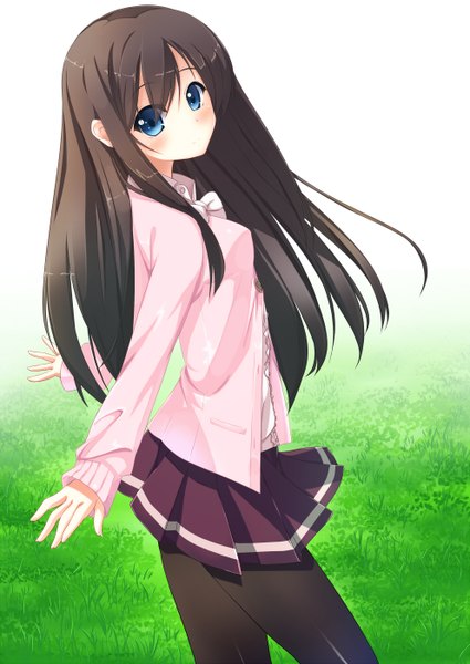 Anime picture 992x1402 with original pastel-pastel single long hair tall image looking at viewer blush blue eyes black hair looking back girl skirt plant (plants) shirt pantyhose grass