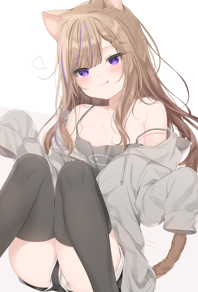Anime picture 1003x1476 with original leo (mafuyu) mafuyu (chibi21) single long hair tall image looking at viewer blush fringe breasts light erotic simple background smile brown hair sitting purple eyes bare shoulders signed animal ears tail