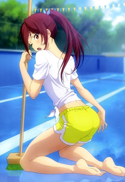 Anime picture 4086x5935 with free! kyoto animation nyantype matsuoka gou tagme (artist) single long hair tall image blush highres open mouth red eyes absurdres ponytail red hair one eye closed looking back barefoot wink official art