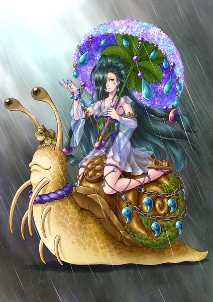 Anime picture 990x1400 with onmyoji ame onna lioreo single tall image looking at viewer fringe simple background sitting holding green eyes full body bent knee (knees) very long hair parted lips green hair hair over one eye wide sleeves facial mark rain