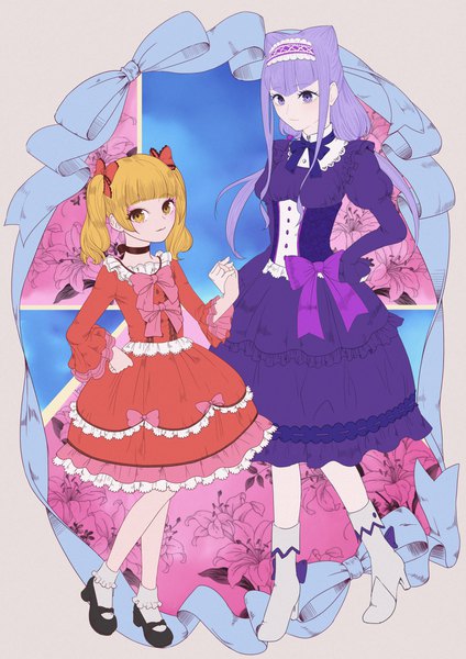 Anime picture 1351x1910 with precure hugtto! precure toei animation ruru amour aisaki emiru shangri la69 long hair tall image looking at viewer fringe short hair blonde hair standing purple eyes twintails multiple girls yellow eyes payot purple hair full body
