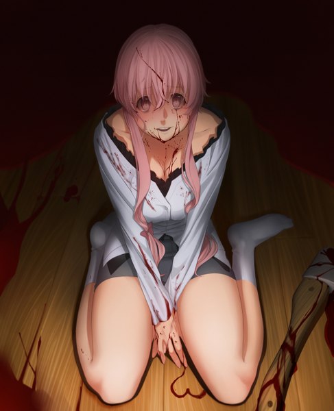 Anime picture 2530x3113 with mirai nikki gasai yuno revolmxd single long hair tall image looking at viewer highres open mouth pink hair pink eyes girl dress weapon socks blood white socks axe
