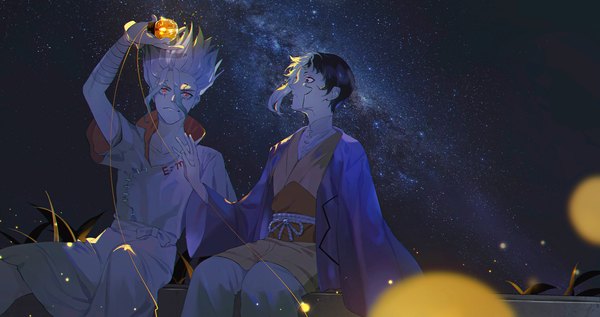 Anime picture 4500x2374 with dr. stone ishigami senkuu asagiri gen parai0 highres short hair black hair red eyes wide image sitting absurdres silver hair outdoors profile multicolored hair arm up night two-tone hair multiple boys night sky