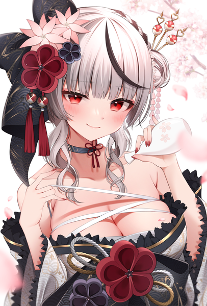 Anime picture 2742x4057 with virtual youtuber hololive sakamata chloe sakamata chloe (new year) namagome negi single tall image looking at viewer blush fringe highres short hair breasts light erotic smile red eyes large breasts bare shoulders silver hair upper body