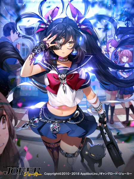 Anime picture 800x1066 with furyou michi ~gang road~ namyo long hair tall image black hair twintails yellow eyes looking away nail polish pleated skirt wind official art midriff torn clothes solo focus hand on head checkered floor walking floor girl