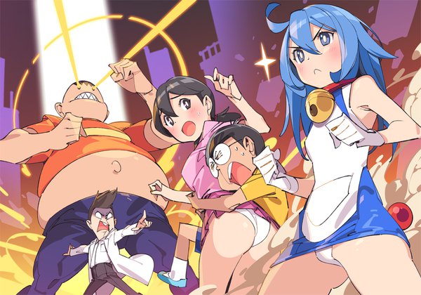 Anime picture 1000x700 with doraemon doraemon (character) minamoto shizuka nobi nobita gouda takeshi honekawa suneo popqn long hair fringe short hair blue eyes light erotic black hair hair between eyes multiple girls blue hair ahoge long sleeves black eyes multiple boys