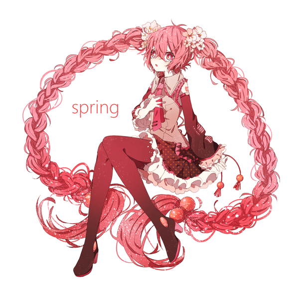 Anime picture 2000x2000 with vocaloid hatsune miku sakura miku mura konbane single looking at viewer fringe highres simple background hair between eyes white background sitting pink hair full body braid (braids) very long hair pink eyes hair flower inscription twin braids