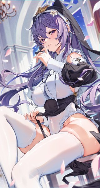 Anime picture 1333x2500 with genshin impact keqing (genshin impact) houkisei single long hair tall image looking at viewer blush fringe breasts light erotic hair between eyes large breasts sitting purple eyes twintails holding purple hair bent knee (knees) indoors