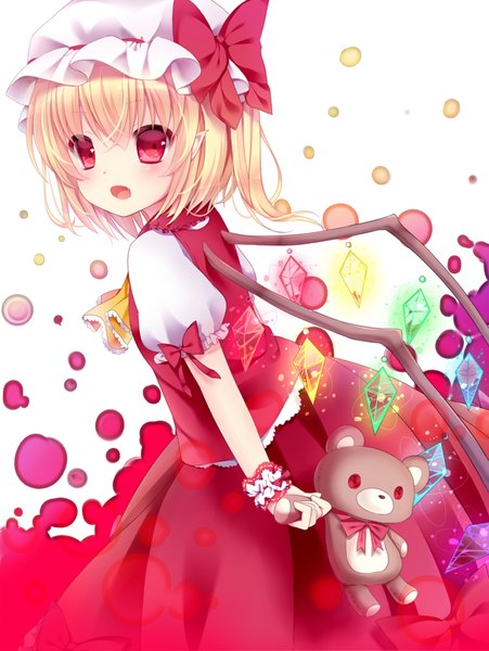 Anime picture 800x1065 with touhou flandre scarlet nachi single tall image looking at viewer short hair open mouth blonde hair red eyes one side up girl dress skirt bow wings toy stuffed animal bonnet skirt set