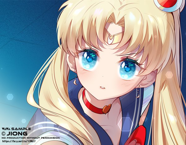 Anime picture 800x624 with bishoujo senshi sailor moon toei animation tsukino usagi sailor moon meng xiao jiong single long hair blush blue eyes blonde hair twintails looking away from above lens flare symbol-shaped pupils heart-shaped pupils sailor collar meme screencap redraw sailor moon redraw challenge