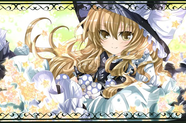 Anime picture 1000x666 with touhou kirisame marisa nanase nao single long hair blonde hair yellow eyes girl flower (flowers) hat witch hat bouquet