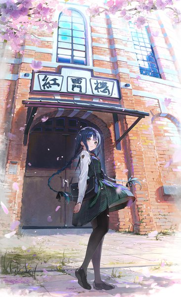 Anime picture 733x1200 with original dsmile single long hair tall image looking at viewer blue eyes standing blue hair full body braid (braids) twin braids cherry blossoms brick wall girl flower (flowers) petals pantyhose shoes black pantyhose