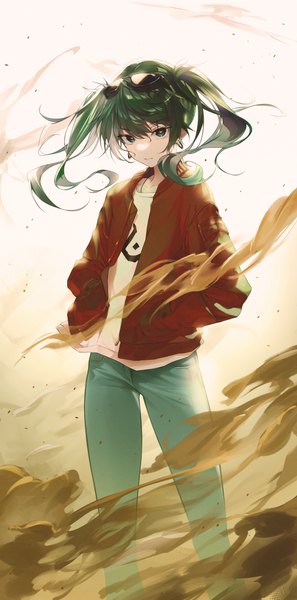 Anime picture 1789x3617 with vocaloid suna no wakusei (vocaloid) hatsune miku tellmedor single tall image looking at viewer fringe highres hair between eyes twintails green eyes green hair open jacket sunglasses on head hands in pockets girl earrings jacket sunglasses