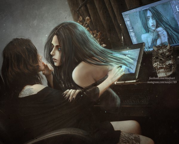 Anime picture 1000x809 with original nanfe long hair blue eyes black hair brown hair multiple girls indoors nail polish profile realistic tattoo eye contact dual persona girl 2 girls computer drawing tablet