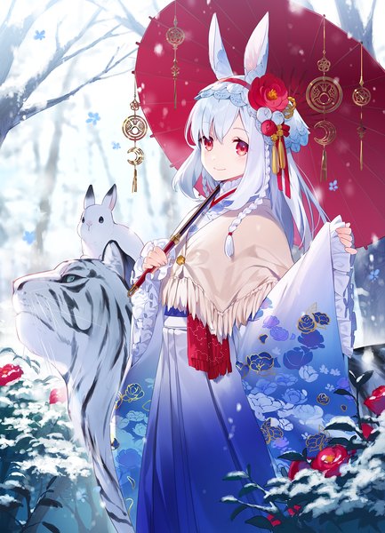 Anime picture 1280x1772 with original asahikawa hiyori single long hair tall image looking at viewer fringe hair between eyes red eyes animal ears silver hair outdoors braid (braids) traditional clothes japanese clothes bunny ears side braid snow new year girl