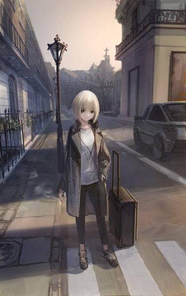 Anime picture 1814x2886 with original hashimoto kokai single tall image looking at viewer fringe highres short hair smile hair between eyes standing full body white hair black eyes open clothes shadow city smoke cityscape hand in pocket