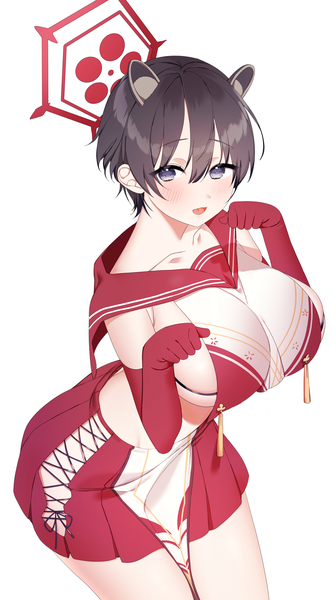 Anime picture 2800x5000 with blue archive tsubaki (blue archive) myao (o3o333) single tall image blush fringe highres short hair breasts open mouth light erotic black hair simple background hair between eyes large breasts white background animal ears :d black eyes
