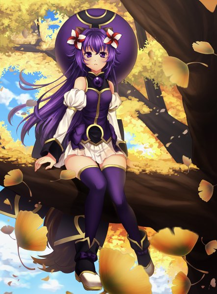Anime picture 1268x1719 with shinrabanshou matsuhime mujina single long hair tall image sitting purple eyes purple hair girl thighhighs dress hair ornament plant (plants) hat tree (trees) boots leaf (leaves)
