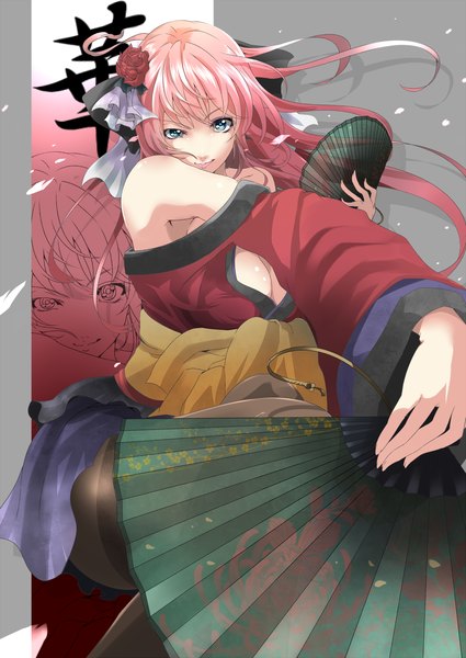 Anime picture 1000x1412 with project diva vocaloid megurine luka endou (zettai bluenoid) single long hair tall image looking at viewer fringe breasts blue eyes light erotic large breasts bare shoulders pink hair cleavage traditional clothes japanese clothes hair flower fingernails