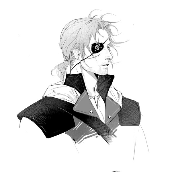 Anime picture 1749x1746 with assassin's creed (game) edward kenway mantangfeng single highres short hair simple background white background looking away upper body monochrome scar low ponytail sketch boy eyepatch