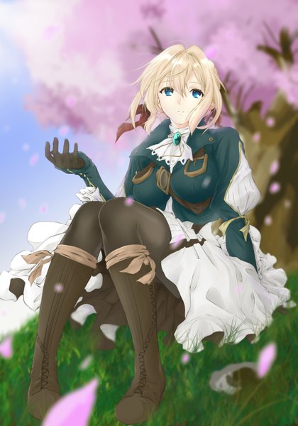 Anime picture 4900x7000 with violet evergarden kyoto animation violet evergarden (character) rei kun single tall image fringe highres short hair breasts blue eyes blonde hair hair between eyes sitting payot looking away absurdres outdoors parted lips wind