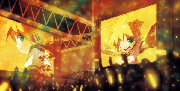 Anime picture 1500x759 with vocaloid kagamine len open mouth blonde hair wide image green eyes profile one eye closed wink loli spread arms boy crowd