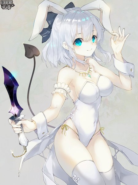 Anime picture 768x1024 with kerberos blade sakuma shiki single tall image looking at viewer short hair light erotic simple background smile bare shoulders animal ears cleavage silver hair tail arm up aqua eyes light smile grey background copyright name fake animal ears