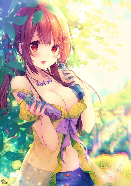Anime picture 700x990 with original azu torako single long hair tall image looking at viewer blush fringe breasts open mouth light erotic red eyes brown hair large breasts standing twintails bare shoulders signed payot cleavage