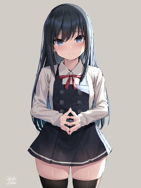 Anime picture 900x1200 with kantai collection asashio destroyer oekakizuki single long hair tall image looking at viewer blush blue eyes black hair simple background standing signed payot long sleeves head tilt grey background zettai ryouiki twitter username thighs